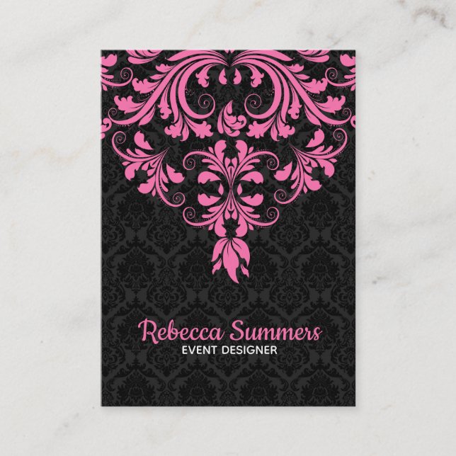 Tarjeta De Visita Lazo Floral Negro Y Rosa (Anverso)