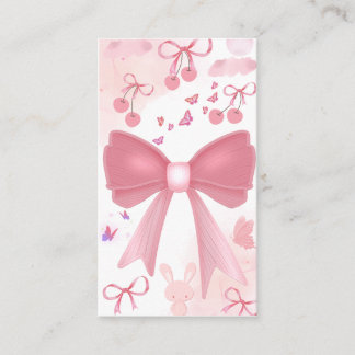 Tarjeta De Visita Lazo Rosa Coquette y Collage Estético de Cerezas –
