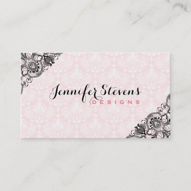 Tarjeta De Visita Lazo Vintado Floral Negro Y Rosa (Anverso)