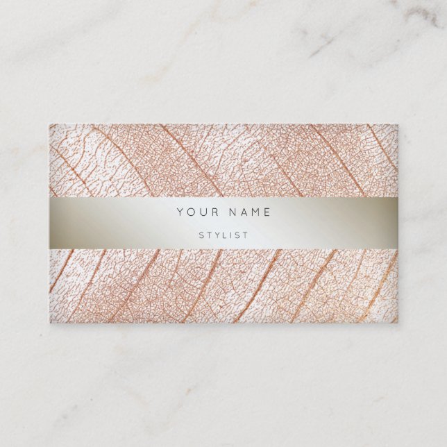 Tarjeta De Visita Leaf Pink Rose Gold Pearl Delicate Script (Anverso)