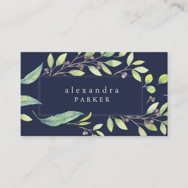 Tarjeta De Visita Leafy Green | Acuarela de moda sobre azul de media (Anverso)