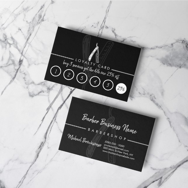 Tarjeta De Visita Lealtad de descuento de Razor Barber Coiffure Hair (Razor Barber Coiffure Hairdresser Discount Loyalty Business Card)