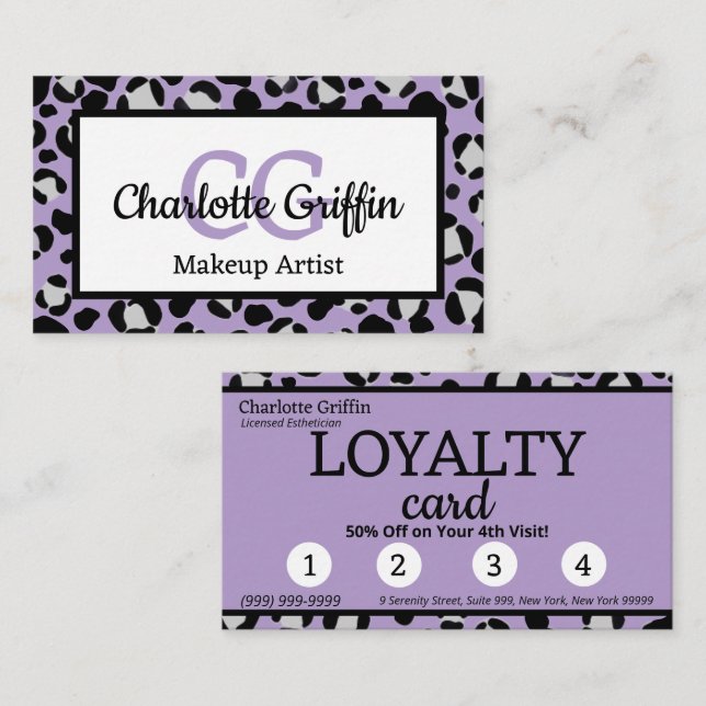 Tarjeta De Visita Lealtad de maquillado de leopardo púrpura de lavan (Anverso / Reverso)