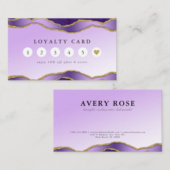 Tarjeta De Visita Lealtad del Salón de Belleza de Mármol Violeta y O (Anverso / Reverso)