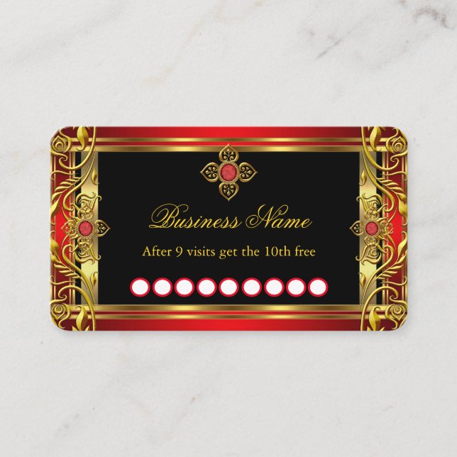 Tarjeta De Visita Lealtad Elegante Ornate Royal Red Jewel Oro Negro (Anverso)