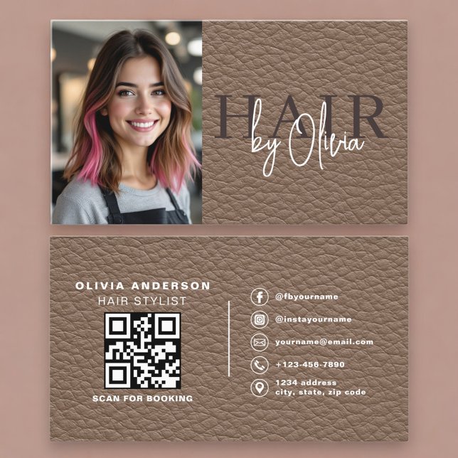 Tarjeta De Visita Leather Hair Stylist Photo QR Code  (Subido por el creador)