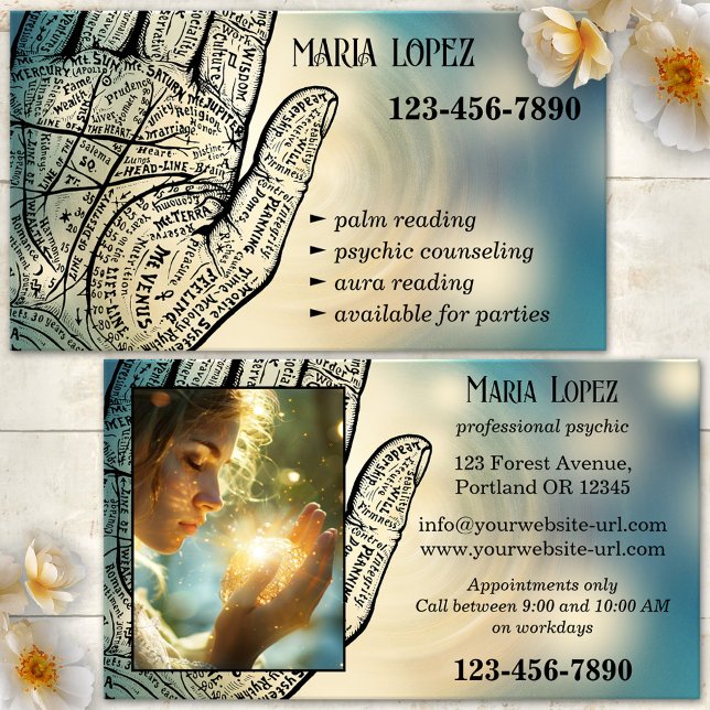 Tarjeta De Visita Lector de palmas de consejería psicológica (Psychic palm reader business card featuring a hand palm outline on a dreamy background - clairvoyant)