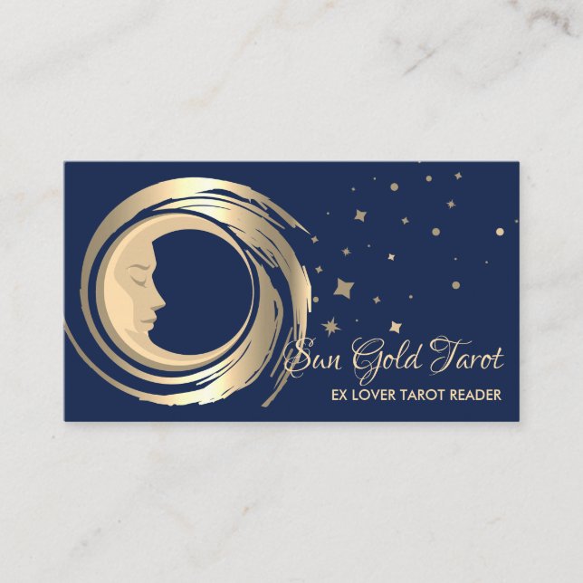 Tarjeta De Visita Lector de Tarot Azul Marino Estrellas Luna Sol Cel (Anverso)