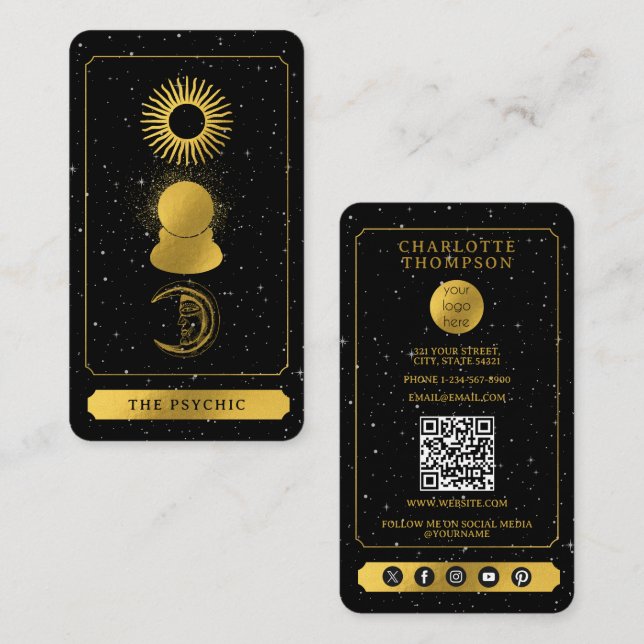 Tarjeta De Visita Lector de tarot celeste Psíquico Ball Gold Black (Anverso / Reverso)