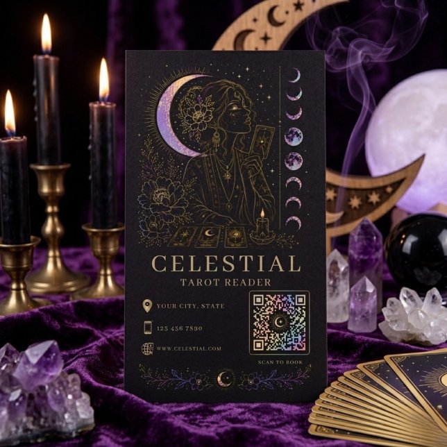 Tarjeta De Visita Lector de Tarot Celestial Lujo Negro Oro QR  (Subido por el creador)