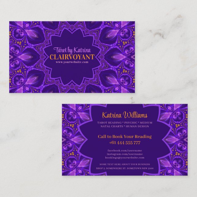 Tarjeta De Visita Lector Tarot de Diosa Bohemiana Morada (Anverso / Reverso)