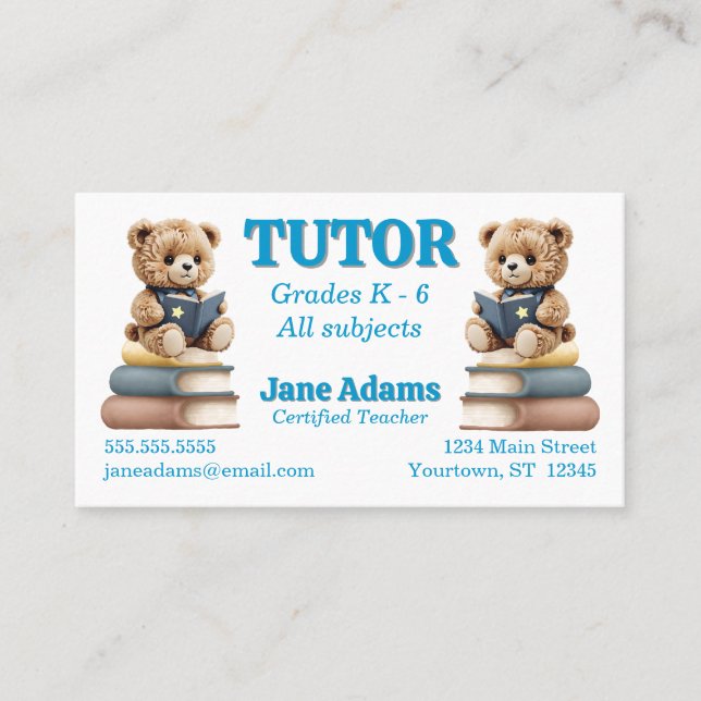 Tarjeta De Visita Leer Bears Teacher Tutor School Daycare (Anverso)
