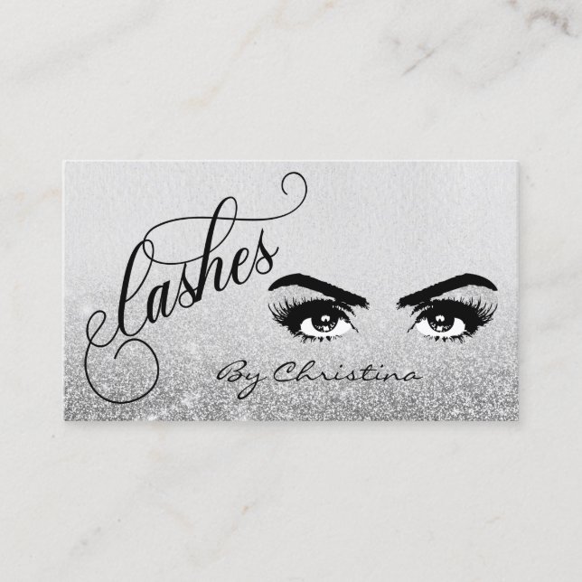 Tarjeta De Visita Leña Script Plata Ombre purpurina Eyelash Oyes (Anverso)