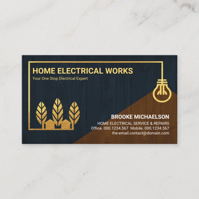 Tarjeta De Visita Leña Textura Dorada Bombilla Hogar con Electricist (Anverso)