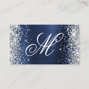 Tarjeta De Visita Lento Brillante Monograma Elegante de Hoja de Navy