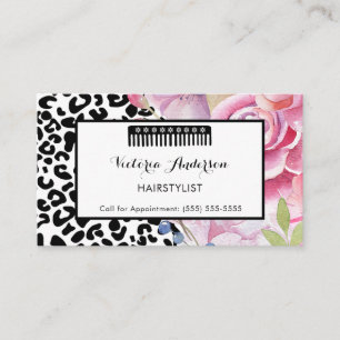 Tarjeta De Visita Leopardo de moda Imprimir Floral Hairstylist con C