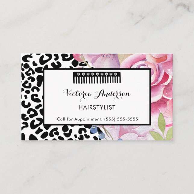 Tarjeta De Visita Leopardo de moda Imprimir Floral Hairstylist con C (Anverso)
