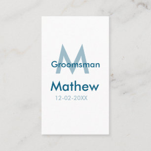 Tarjeta De Visita Letra azul marino groomsman fecha masculina por