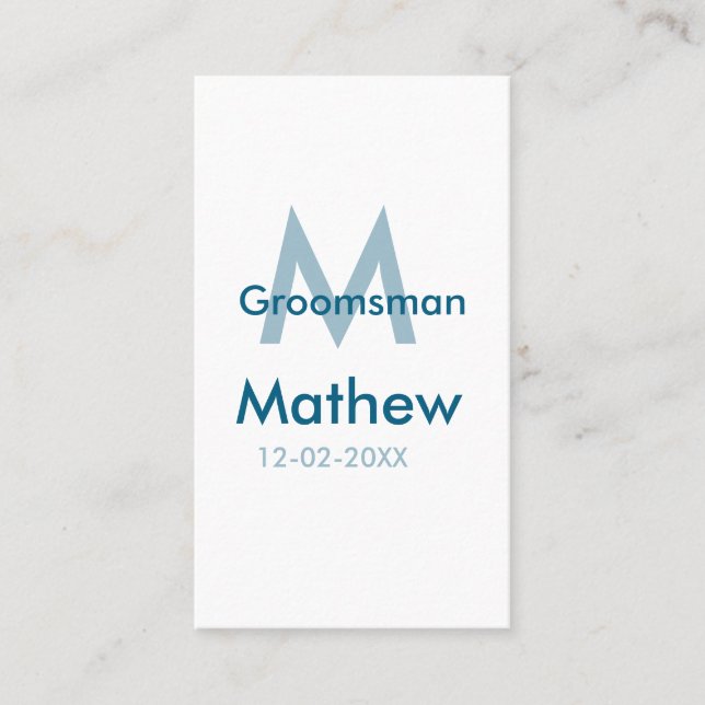 Tarjeta De Visita Letra azul marino groomsman fecha masculina por (Anverso)