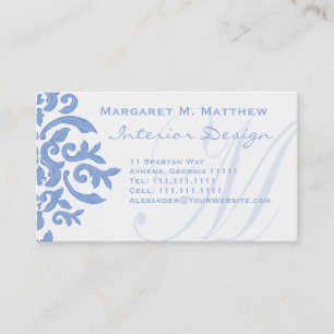 Tarjeta De Visita Letra azul y blanca elegante M del damasco
