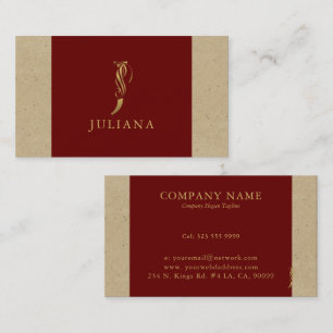Tarjeta De Visita Letra de oro de fantasía J monograma sobre rojo y 