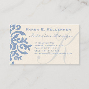Tarjeta De Visita Letra elegante azul y crema damascal E