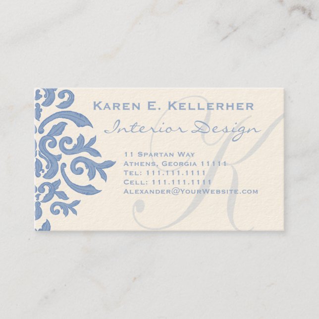 Tarjeta De Visita Letra elegante azul y crema damascal E (Anverso)