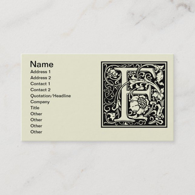 Tarjeta De Visita Letra F Monograma medieval Art Nouveau (Anverso)