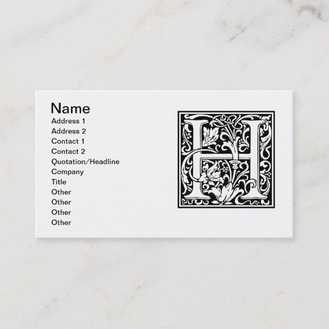 Tarjeta De Visita Letra H Monograma medieval Art Nouveau (Anverso)