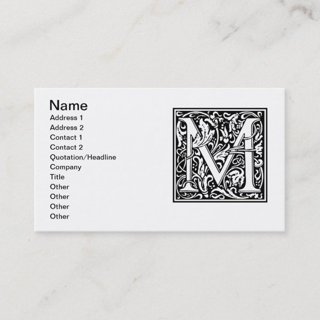 Tarjeta De Visita Letra M Monograma medieval Art Nouveau (Anverso)
