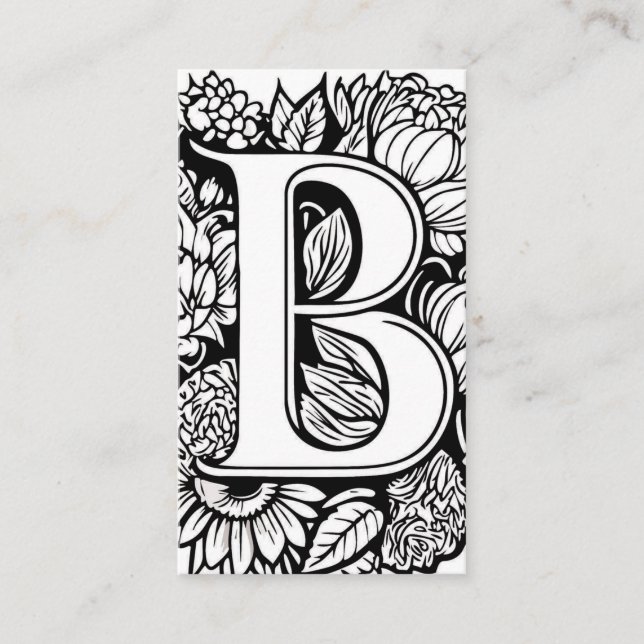 Tarjeta De Visita Letra monogramada B simple floral blanca y negra (Anverso)