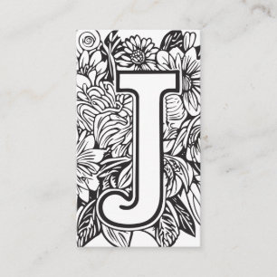 Tarjeta De Visita Letra monogramada J Floral blanca y negra simple