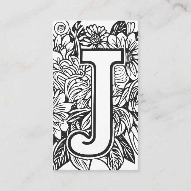 Tarjeta De Visita Letra monogramada J Floral blanca y negra simple (Anverso)