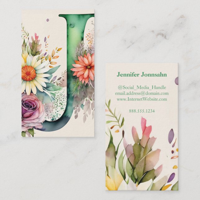 Tarjeta De Visita Letra monogramada J Moda simple acuarela floral (Anverso / Reverso)