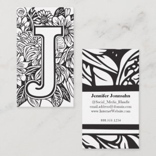 Tarjeta De Visita Letra monogramada J simple floral blanco y negro