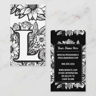 Tarjeta De Visita Letra monogramada L Flor floral blanca y negra