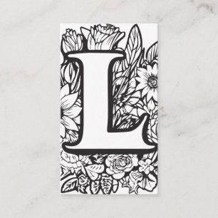Tarjeta De Visita Letra monogramada L simple floral blanca y negra