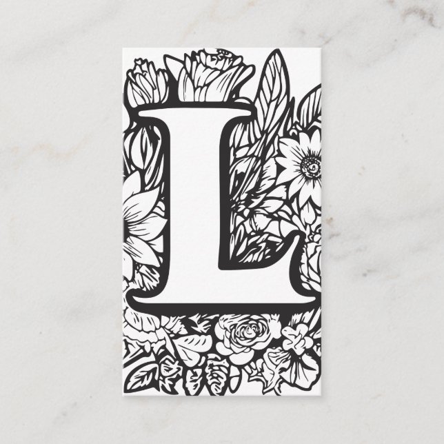 Tarjeta De Visita Letra monogramada L simple floral blanca y negra (Anverso)