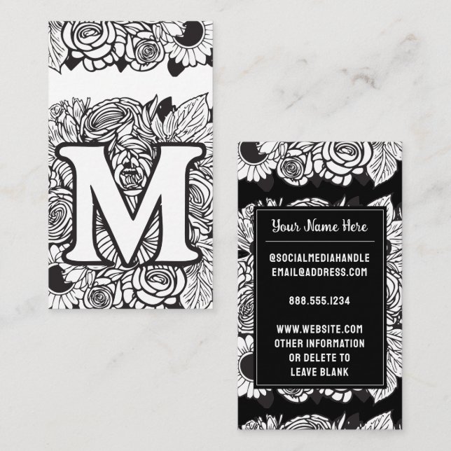 Tarjeta De Visita Letra monogramada M Flor floral blanca y negra (Anverso / Reverso)