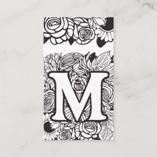 Tarjeta De Visita Letra monogramada M Floral blanca y negra simple
