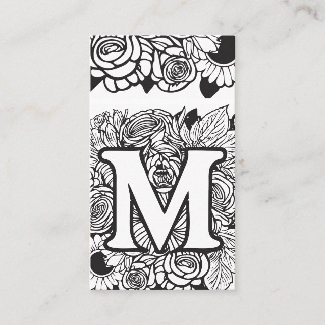 Tarjeta De Visita Letra monogramada M Floral blanca y negra simple (Anverso)