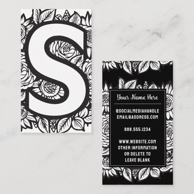 Tarjeta De Visita Letra monogramada S Flor floral blanca y negra (Anverso / Reverso)