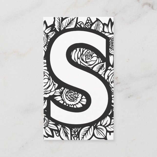 Tarjeta De Visita Letra monogramada S simple floral blanca y negra (Anverso)