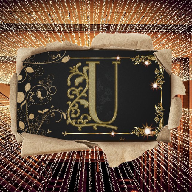 Tarjeta De Visita Letra negra dorada monogramada ejecutiva 'U' (Subido por el creador)