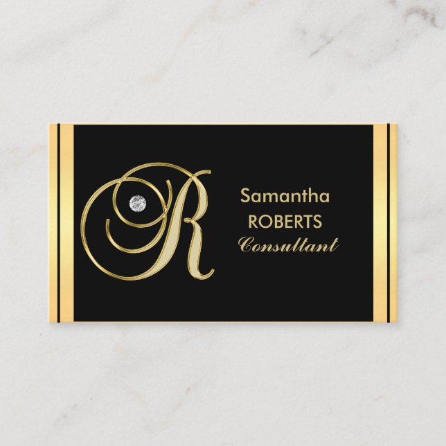 Tarjeta De Visita Letra negra 'R del oro con monograma elegante de (Anverso)