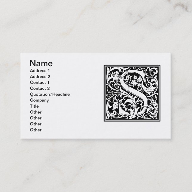 Tarjeta De Visita Letra S Monograma medieval Art Nouveau (Anverso)