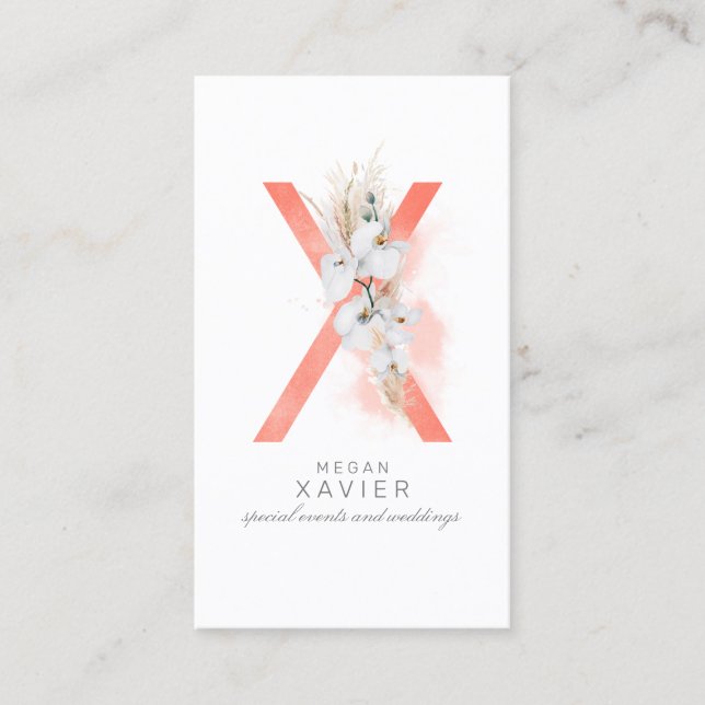 Tarjeta De Visita Letra X Monograma orquídeas blancas y gramo de pam (Anverso)