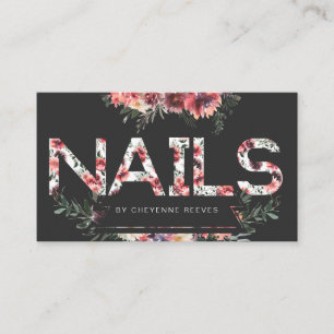 Tarjeta De Visita Letras Florales Rústicas en Negro   Uñas