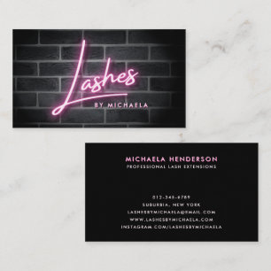 Tarjeta De Visita Letrero Neon Rosa de 'Pestañas' en Pared de Ladril