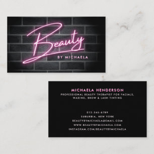 Tarjeta De Visita Letrero Neon Rosa Moderno de 'Belleza' en Muro de 